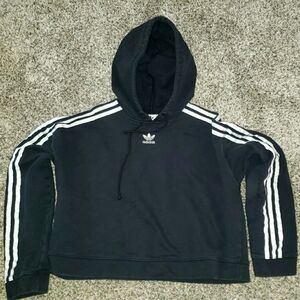 Adidas Classic Cropped Black Hoodie with White Stripes